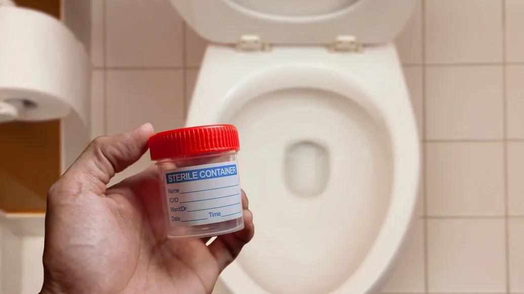 cup sample with orange top in front of toilet