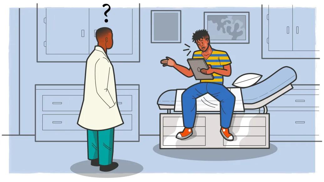 drawing of doctor with question mark about head with patient questioning and stressed over paperwork in exam room