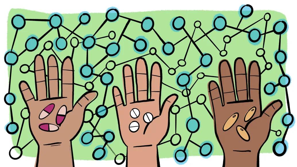 drawing of three hands with pills in hand background green