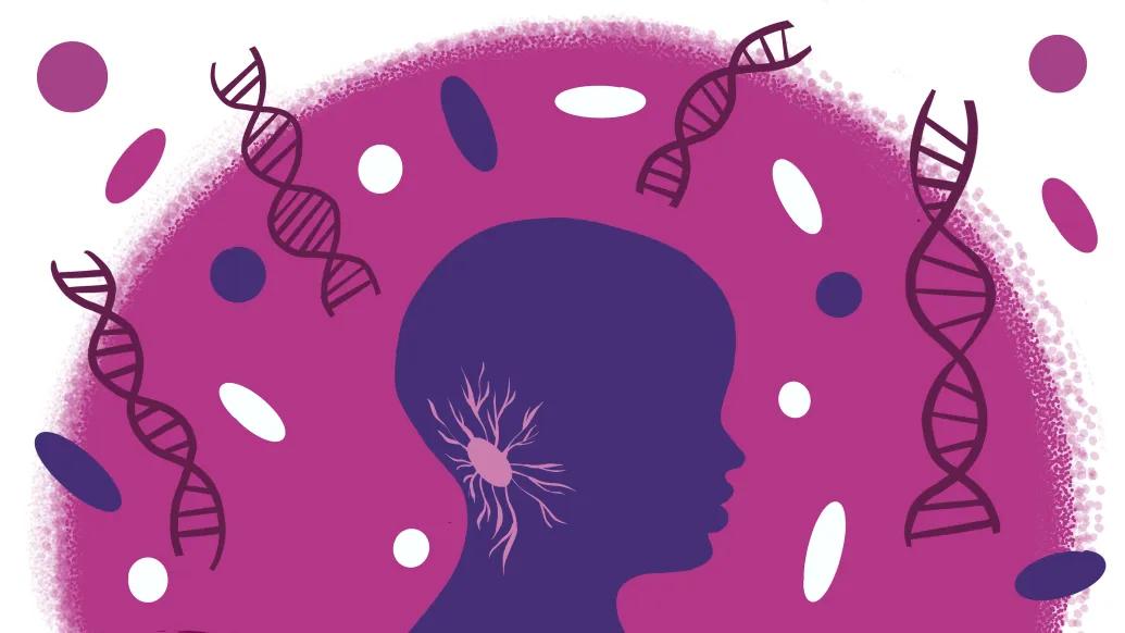 outline of a child and dna floating around purple shadowing some dark navy