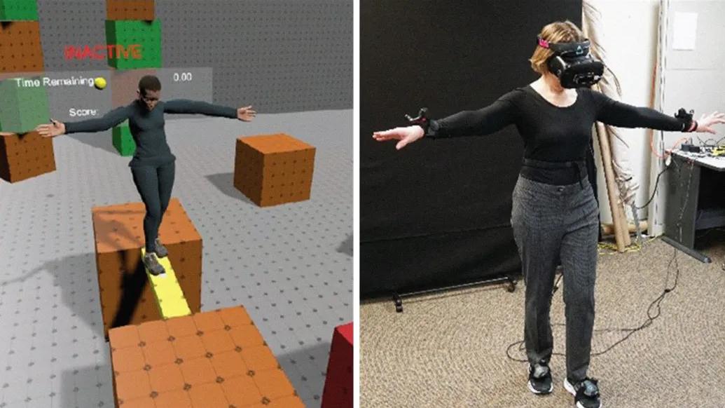 two pictures side by side one in virtual reality going over beam and the other of the person in real life doing it with VR technology