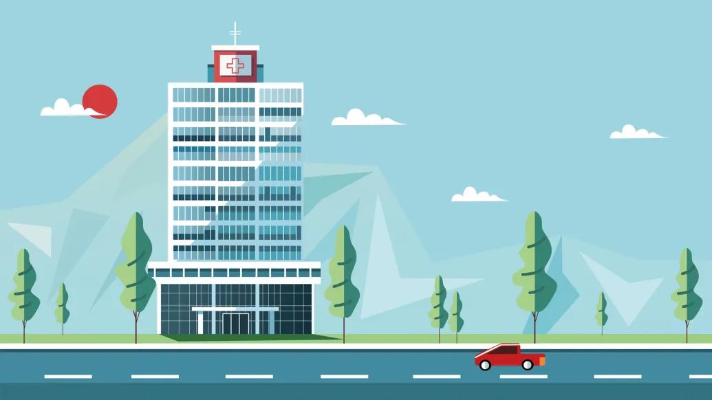 graphic drawing of hospital with road in front of it with red car driving