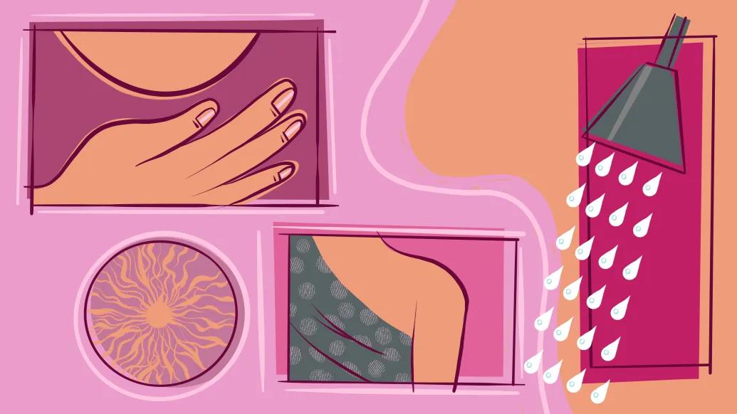 breast cancer checking graphic image in different pinks