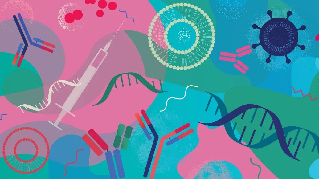 pink blue green floating medicine symbols