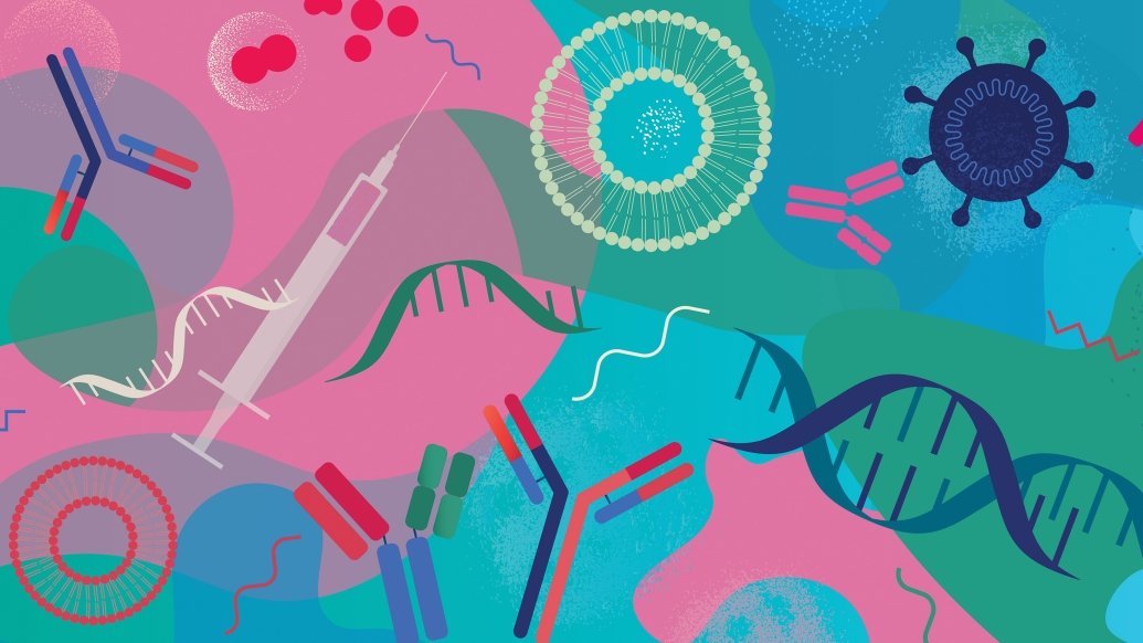 pink blue green floating medicine symbols