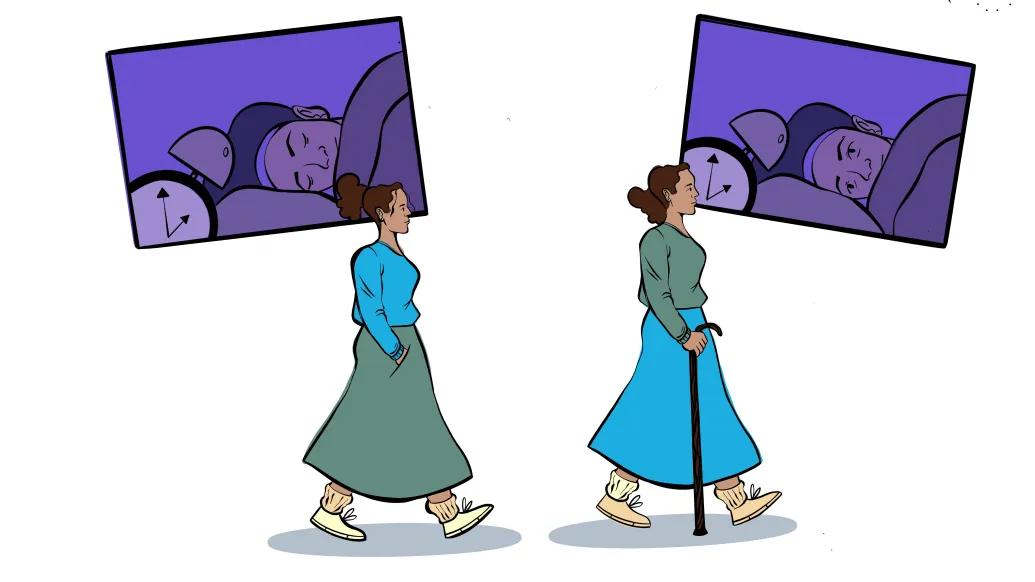 woman walking sleeping in photo above her. 