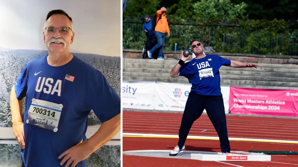 man standing and throwing in track and field event