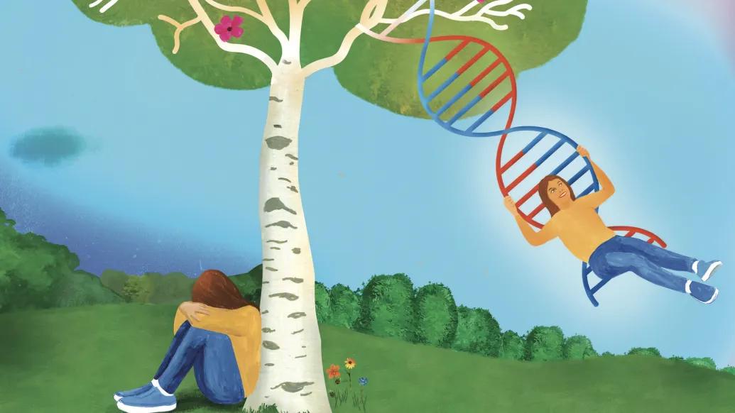 Illustration of person swinging from a tree on a swing made of DNA. A version of the same person is sitting at the base of the tree with their head down.