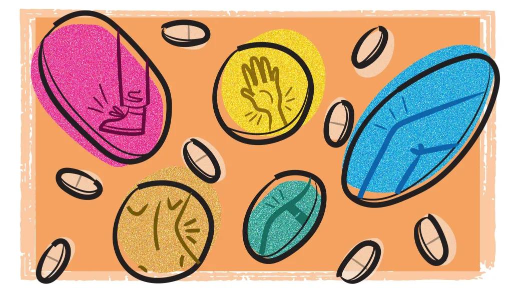 drawing on orange background of colorful pills floating with body parts in them in pain
