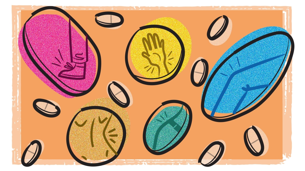 drawing on orange background of colorful pills floating with body parts in them in pain