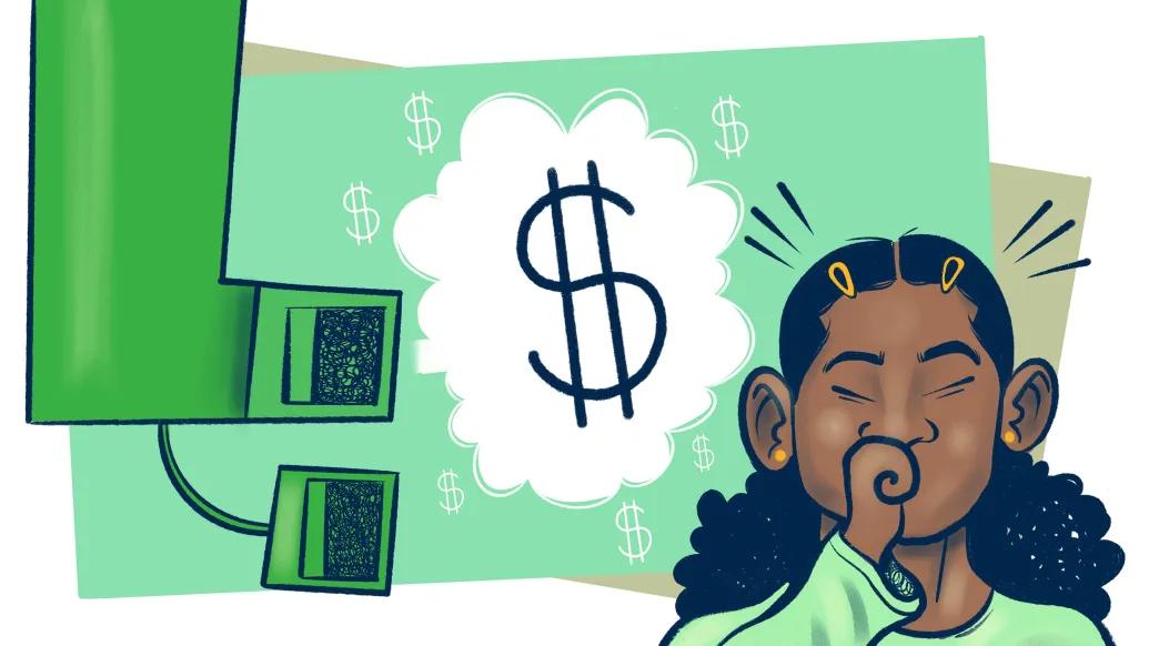 inhaler green money sign floating in cloud and little girl with black hair coughing 
