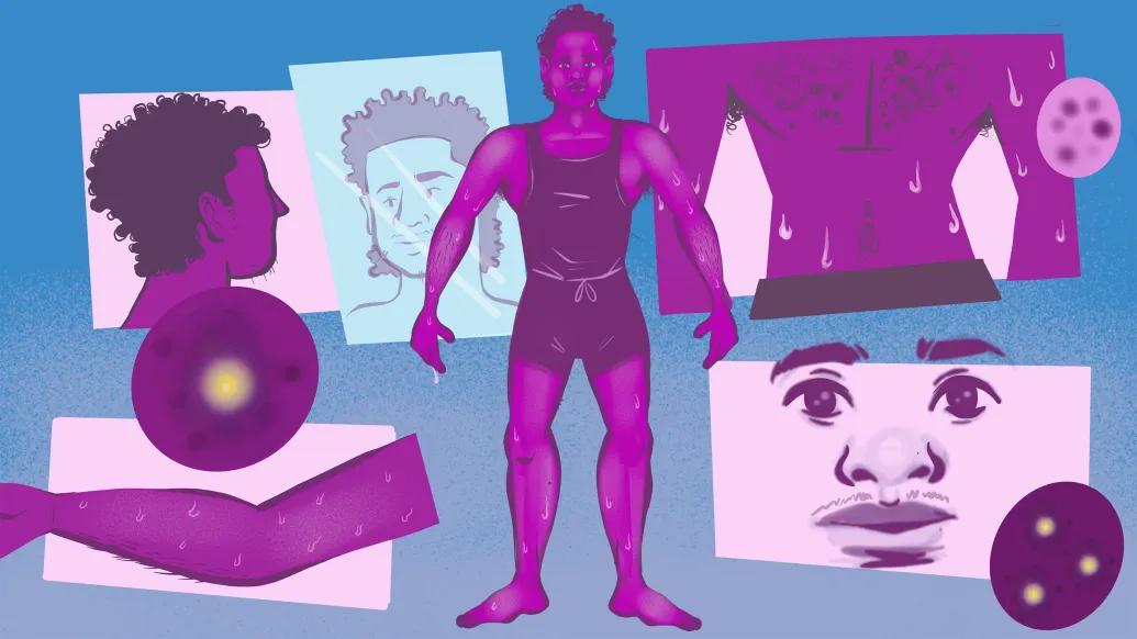 man in different phases of puberty drawn purple blue