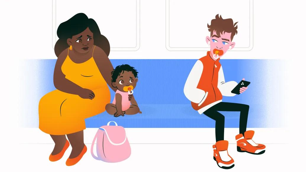 mom and child with pacificer and older teen with pacifier in his mouth on other side of blue bench