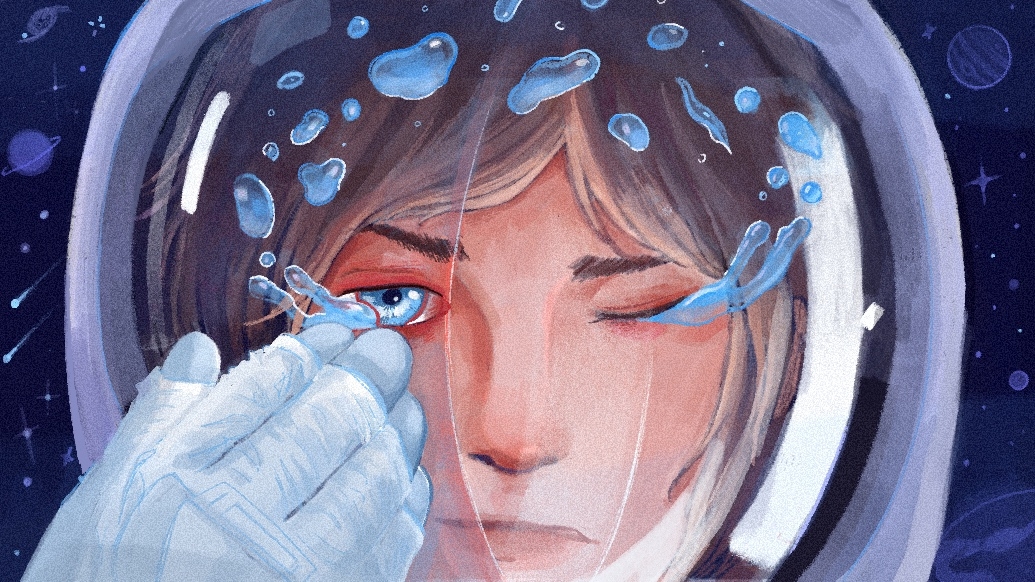 astronaut woman brushing tears away with astronaut glove and tear drops on the helment see through