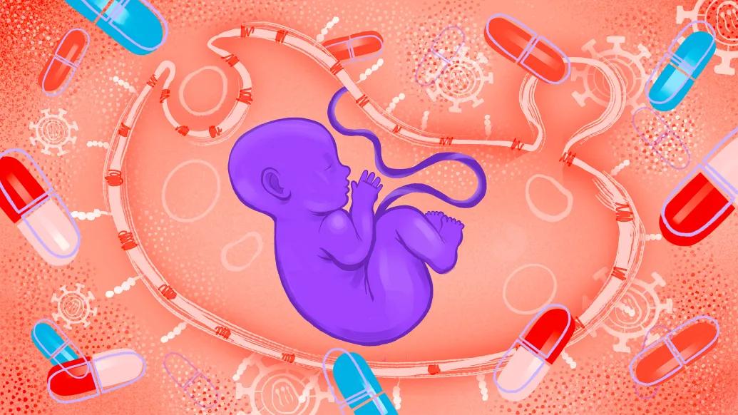 orange background purple baby in middle pills floating in red white and blue