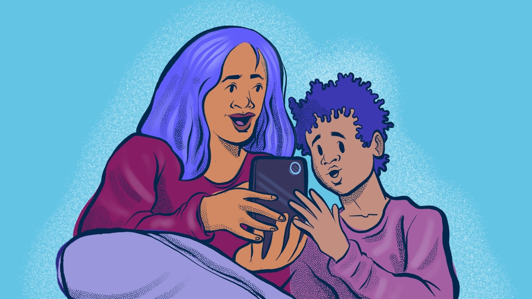 mom with teen looking at phone with blue hair and blue background purple outfits