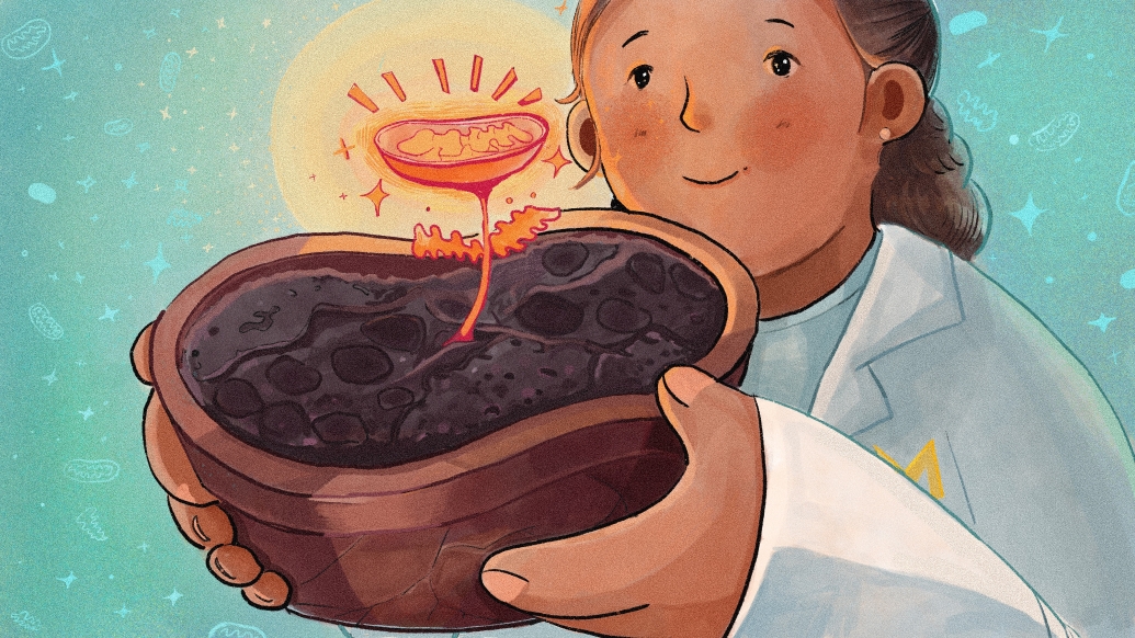 woman scientist in white coat teal background holding put with red plant coming out of it bright with gold circle around the top close up 