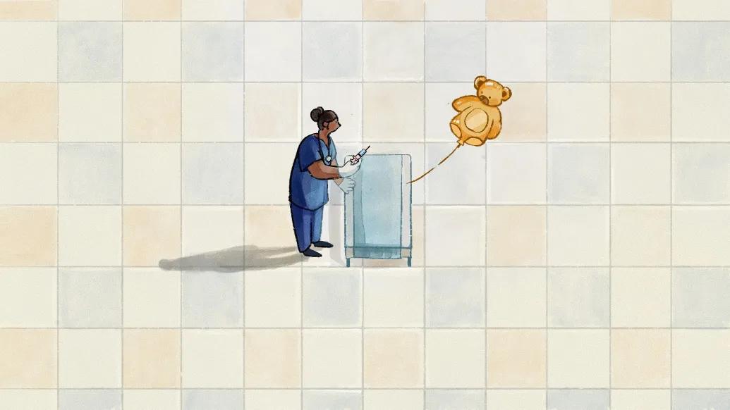 woman holding shot with floating teddy bear balloon