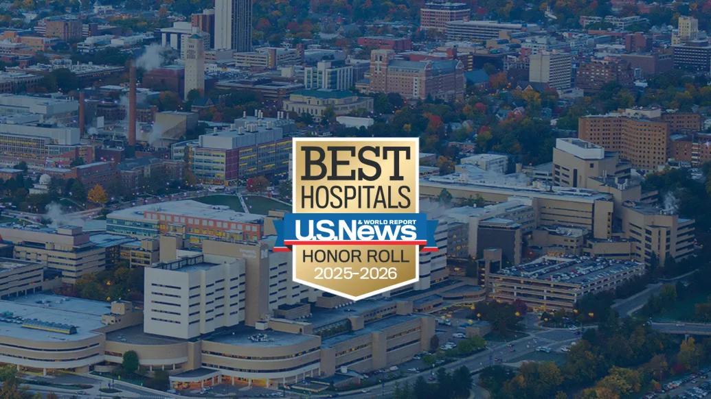 US News and World Report 2025 badge with a U-M Health skyline backdrop 