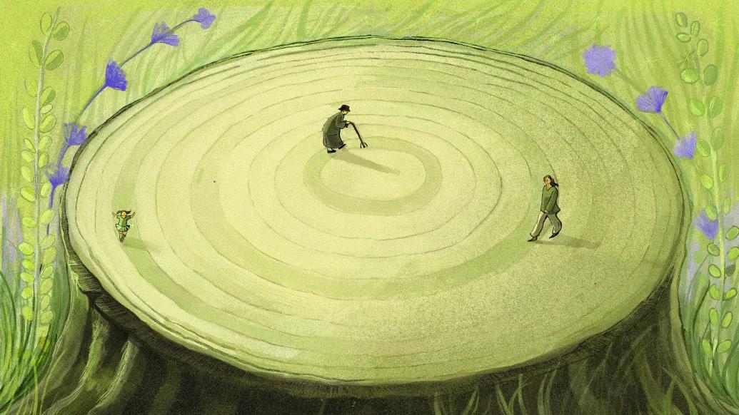 circle where older person and middle aged person and young child walking 