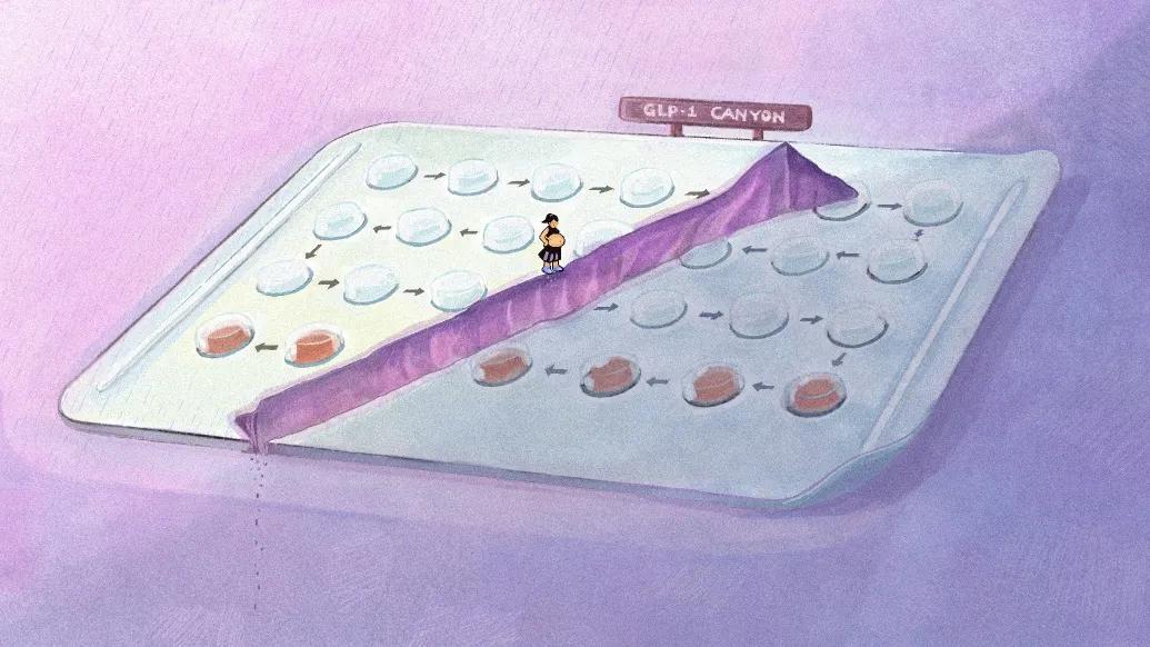 woman pregnant walking on birth control packet purple background far away view