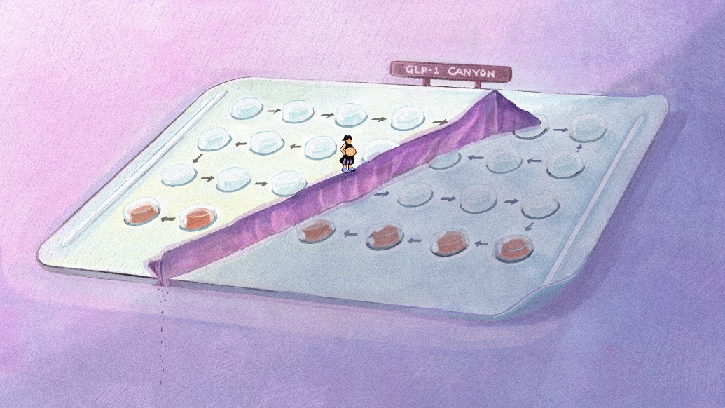 woman pregnant walking on birth control packet purple background far away view