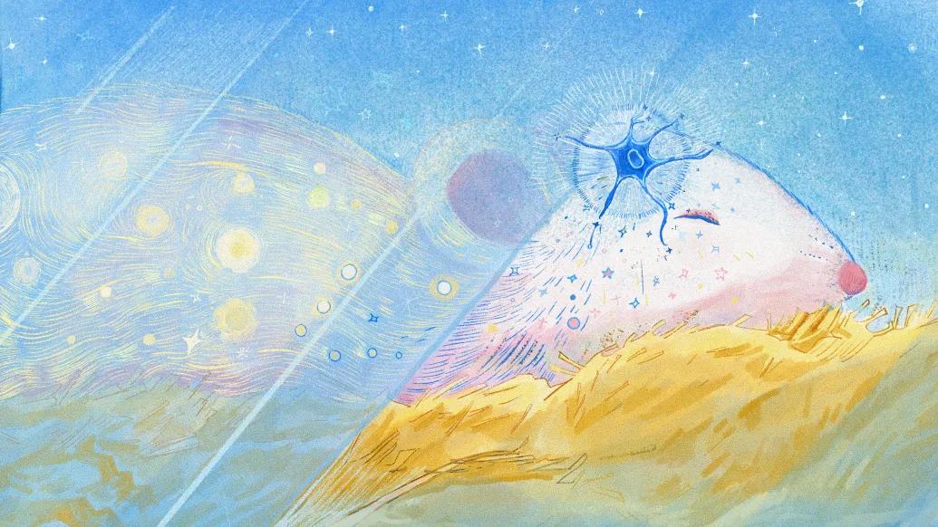 mouse drawing fading yellow and pink blue background on yellow hay stack