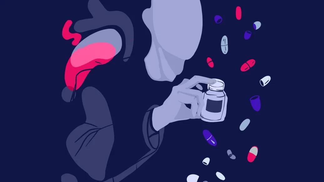 pills falling to outline bottle pink purple white grey on dark navy background