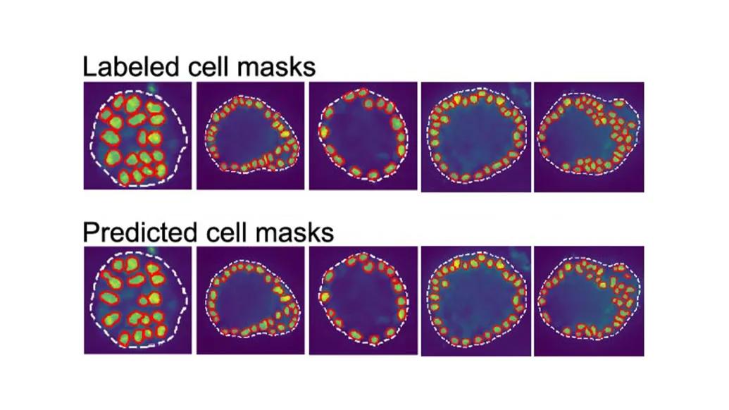 cell pictures next to one another with different variations of orange/red lit up cells on purple background. first row says labeled cell masks and the second says predicted cell masks