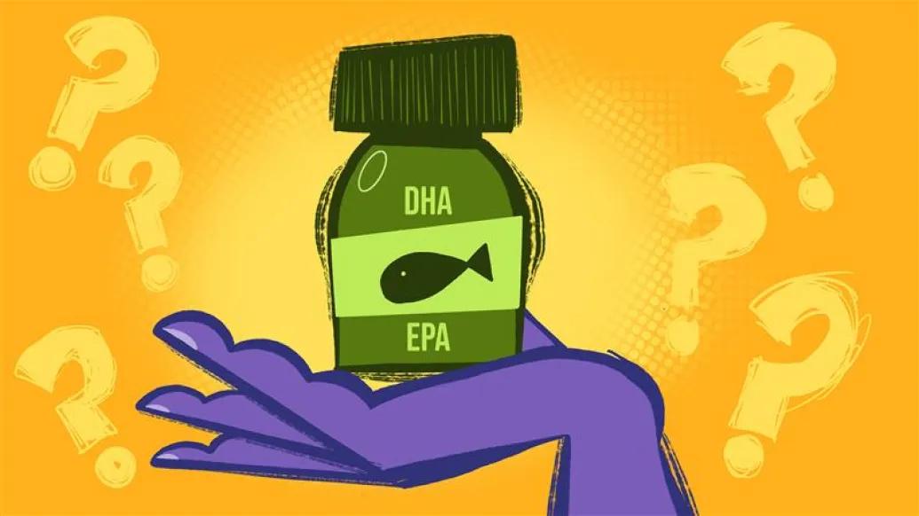 yellow background green bottle with purple hand says DHA and question marks