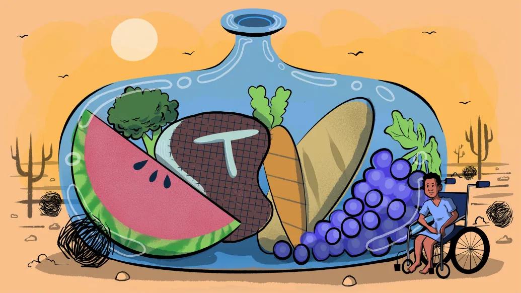 food in a glass bowl child outside of it in a desert drawing