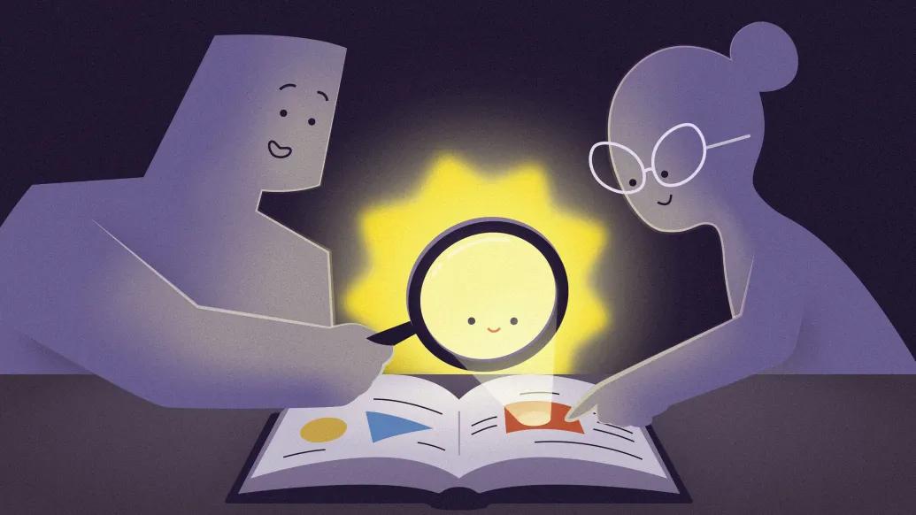 magnifier over book with two parents looking over it 