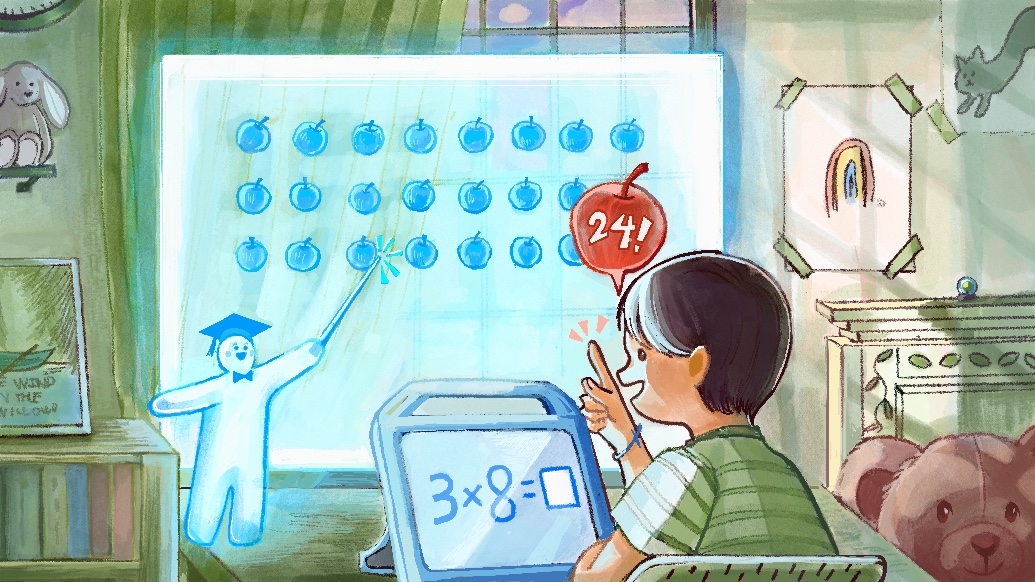 drawing of kid on ipad and chat gpt giving answers and teaching child