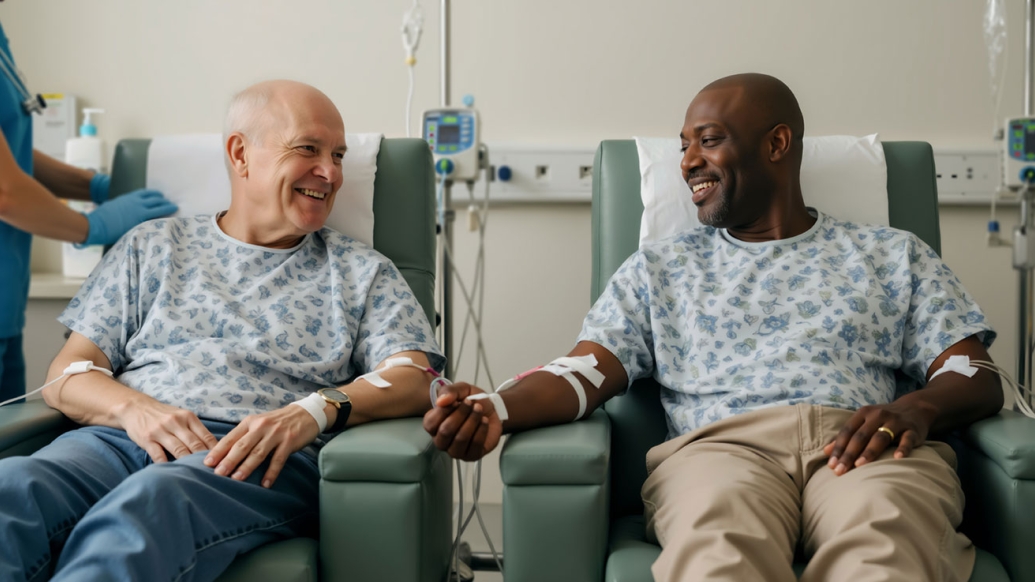 An older white man and an older Black man sit together as they receive chemotherapy