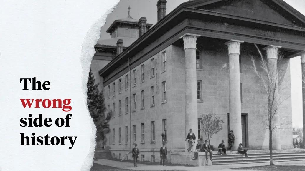 old building with men standing in front. On the left is a torn piece of paper with "The wrong side of history" on it
