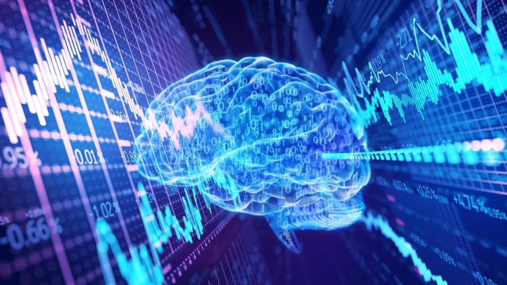 brain bright highlighter blue and lines on a monitor on each side 
