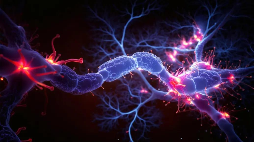black background with long bendy purple nerve with different pain points in red throughout
