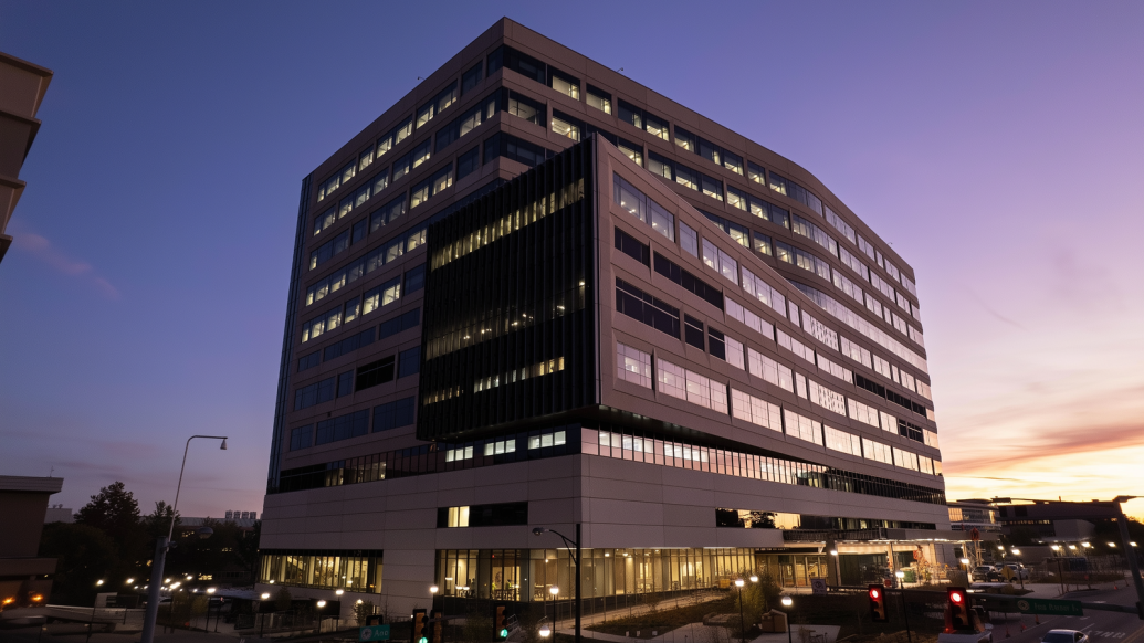A drone image of the D. Dan and Betty Kahn Health Care Pavilion