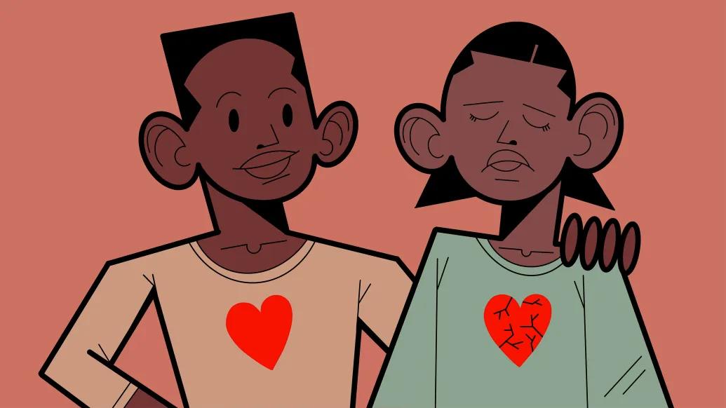 drawing of two people with one having hand over shoulder of other who has a full red heart and the other having a broken heart and appearing sad darker on pink background
