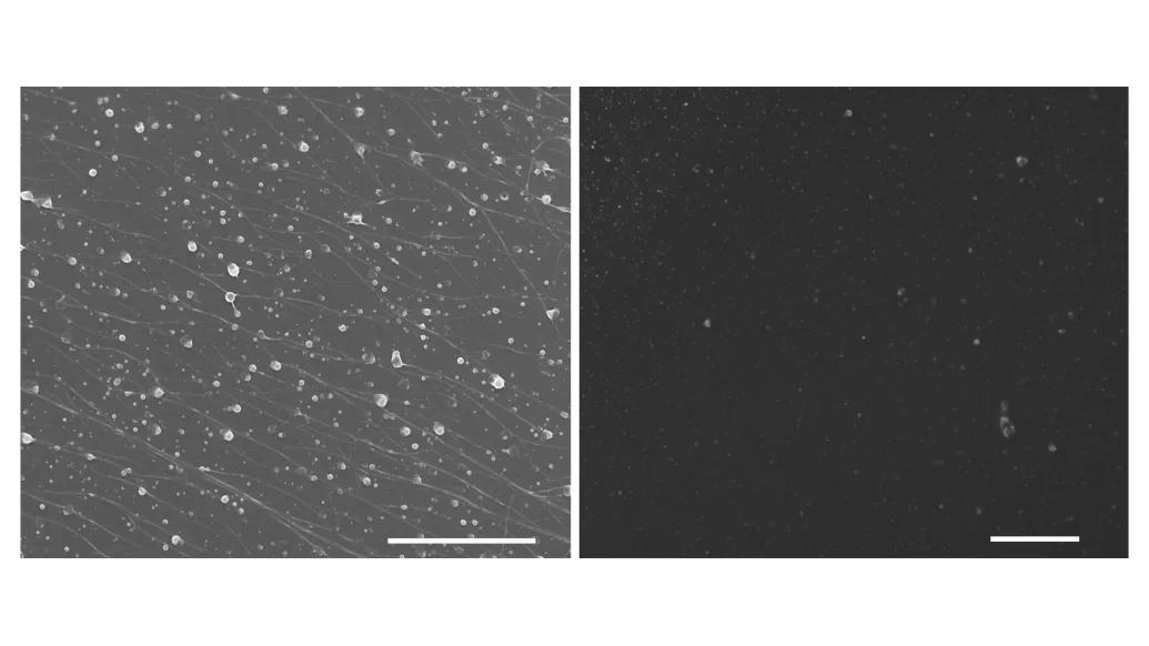 grey image with small white specs next to black image side by side close up