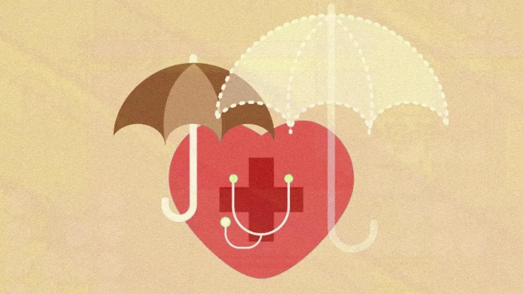graphic of heart in background and umbrellas above yellow red brown white