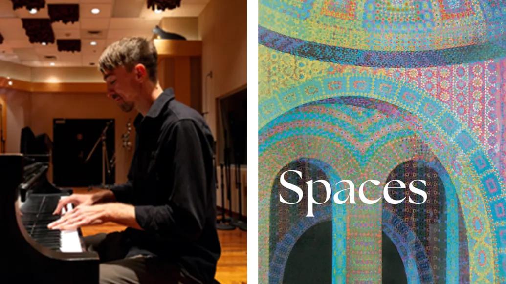 man playing piano and album cover blue green pink with words spaces