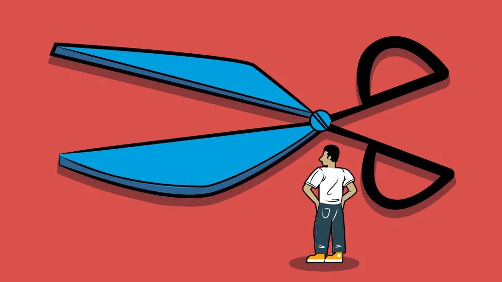 large scissors blue on red background with guy looking at it deciding 