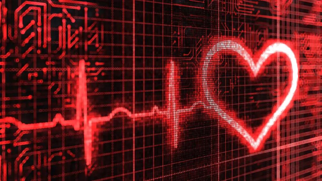heart on monitor heart symbol black background neon red lines