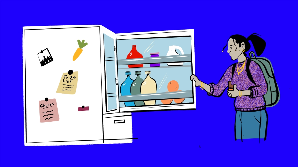 teen girl opening fridge groceries floating