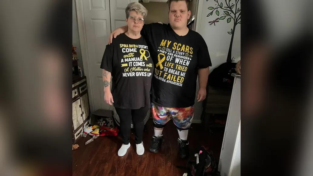 mom and son wearing matching shirts about the disease