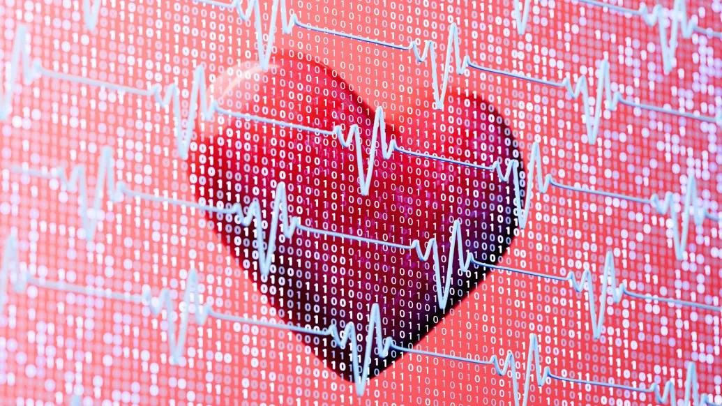 red heart on monitor see through with blue lines