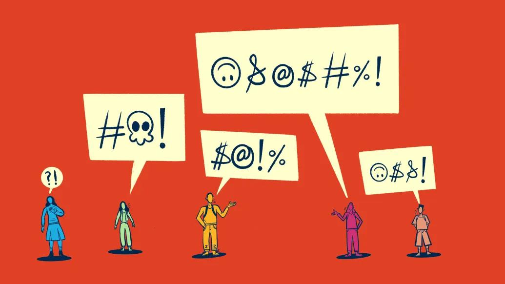 red background with bubbles of curse words floating above little cartoon people in different colors below