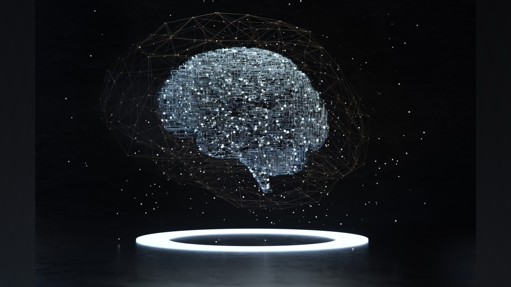 black background and white specs forming a brain floating with light ring under the brain