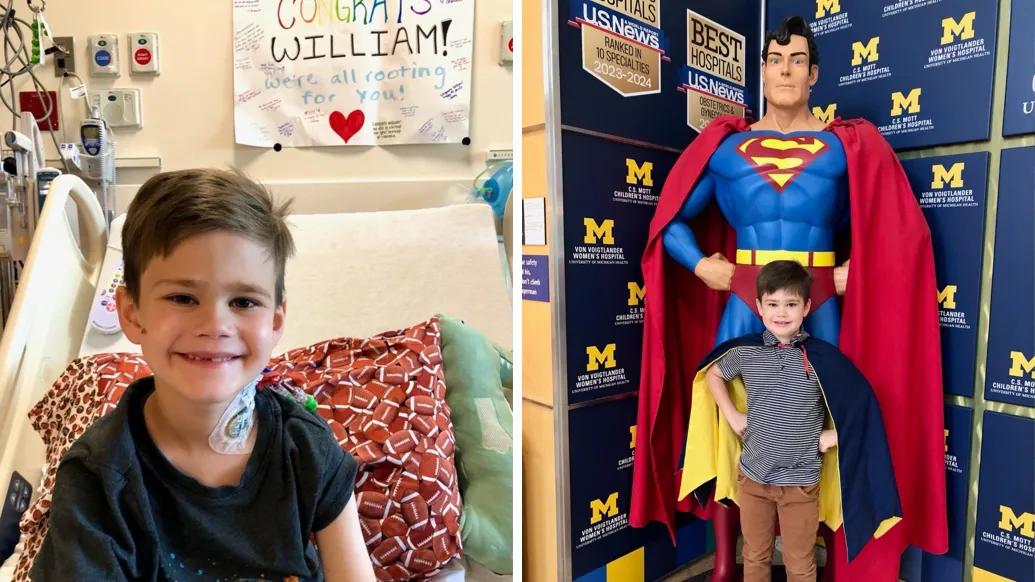 kid smiling on left and superman statue little boy infront of it